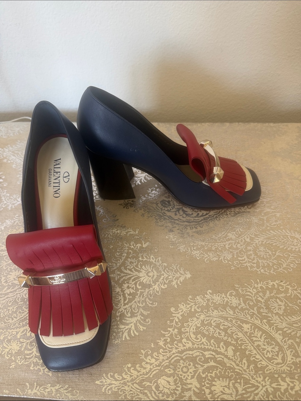 Valentino Garavani Navy and Red Leather Fringe Block Heel Pumps